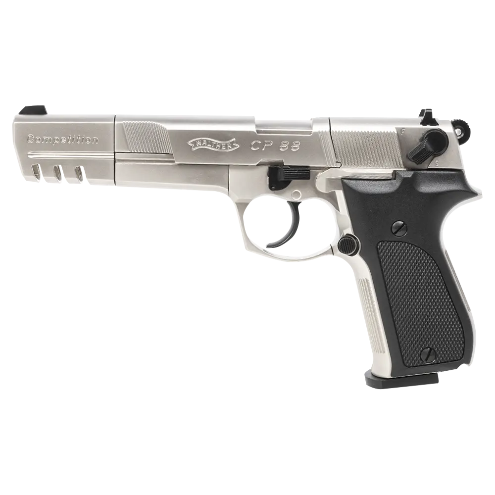 Пистолет пневматический Walther СР 88 Competition (удлиненный свол, никель с чёрными пластиковыми накладками). Фото №2 Пистолет пневматический Walther СР 88 Competition (удлиненный свол, никель с чёрными пластиковыми накладками). Фото №2