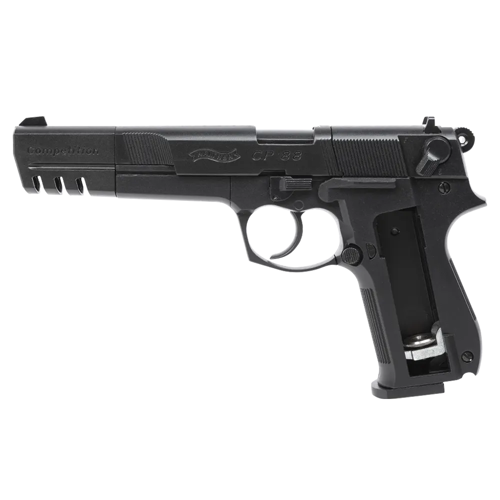 Пистолет пневматический Walther СР 88 Competition (удлиненный свол, чёрный с чёрными пластиковыми накладками). Фото №4 Пистолет пневматический Walther СР 88 Competition (удлиненный свол, чёрный с чёрными пластиковыми накладками). Фото №4