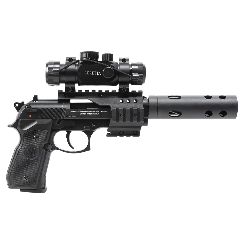 Пистолет пневматический Beretta M92 FS (глушитель, коллиматор, чёрный с чёрными пластиковыми накладками). Фото №6 Пистолет пневматический Beretta M92 FS (глушитель, коллиматор, чёрный с чёрными пластиковыми накладками). Фото №6