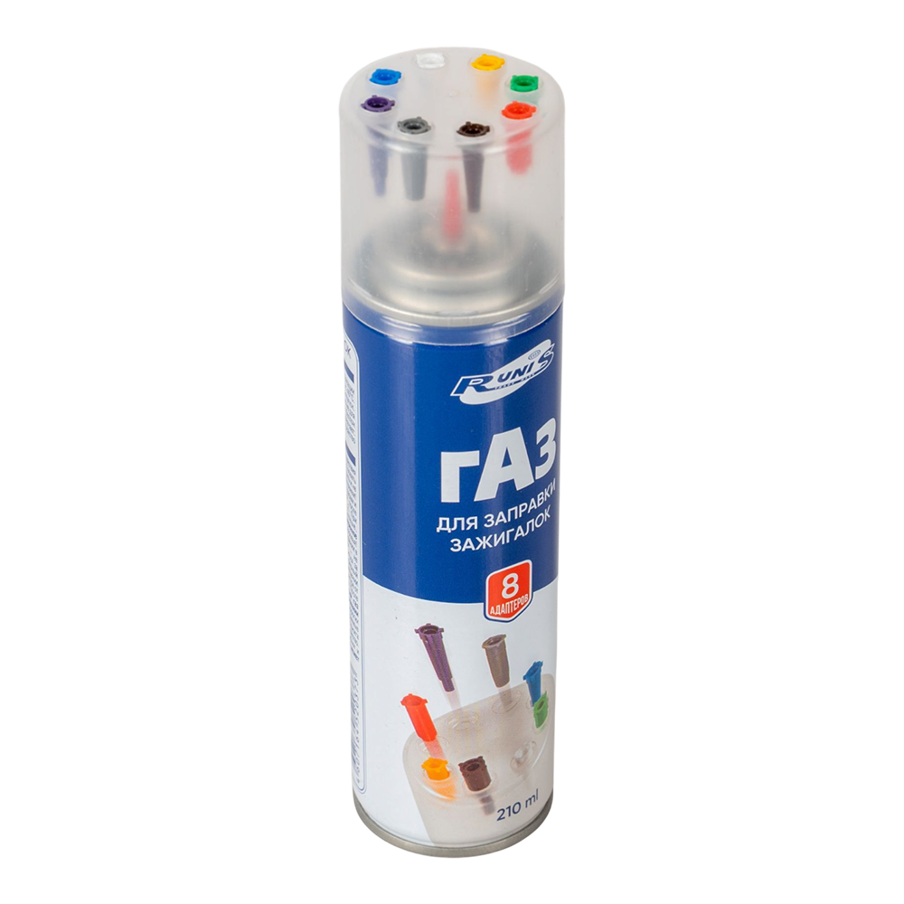 Газ для зажигалок RUNIS Premium, метал. баллон, 210 мл (с переходниками)/24/. Фото №3