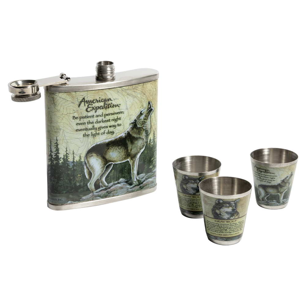 Набор Волк (фляжка 210 мл + 3 стопки) А01 Guotai. Фото №2 Набор Волк (фляжка 210 мл + 3 стопки) А01 Guotai. Фото №2