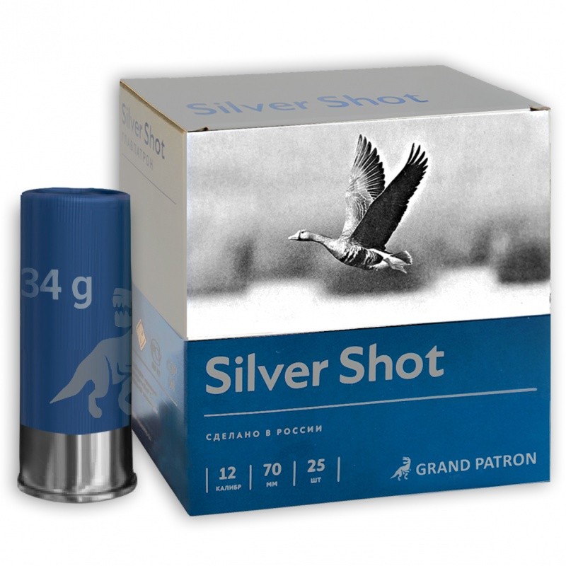 Патрон «Grand Patron» 12/70 скор. №0 34 гр. SILVER SHOT (в пачке 25 шт.) ( в коробке 250 шт.). Фото №1 Патрон «Grand Patron» 12/70 скор. №0 34 гр. SILVER SHOT (в пачке 25 шт.) ( в коробке 250 шт.). Фото №1