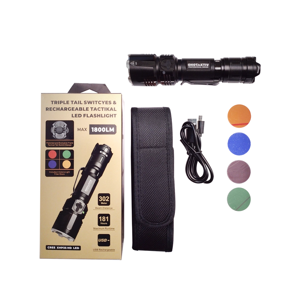 Фонарь OhotAktiv LEDMAX тактический (1800 Lm, 302 м, CREE XHP35HD, 1x18650, 4 filter). Фото №1