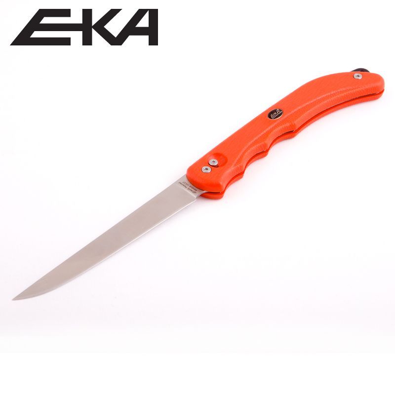 Нож рыбацкий ЕКА DUO, 2 лезвия для потрошения, фил., клинок Sandvik 12С27, рукоять proflex,оранжев.. Фото №1