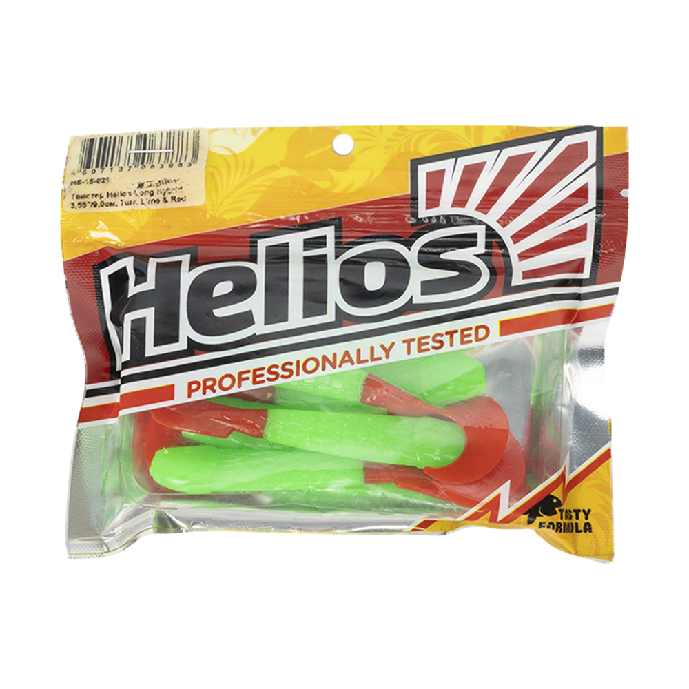 Твистер Helios Long Hybrid 3,55"/9,0 см Lime & Red 7шт. (HS-15-021). Фото №1