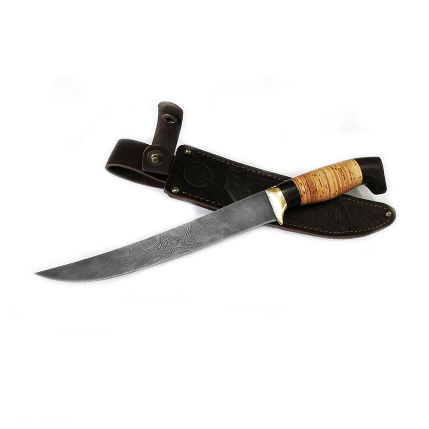 Нож "Филейный" большой, дамаск, береста, граб (ИП Семина). Фото №4