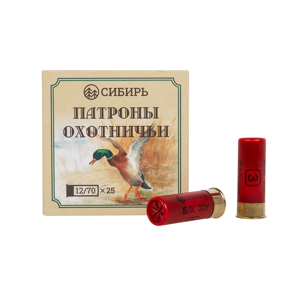 Патрон СИБИРЬ 12/70 охотничий дробовой 32г б/к №3 (в пачке 25 шт) (в коробке 250шт). Фото №1