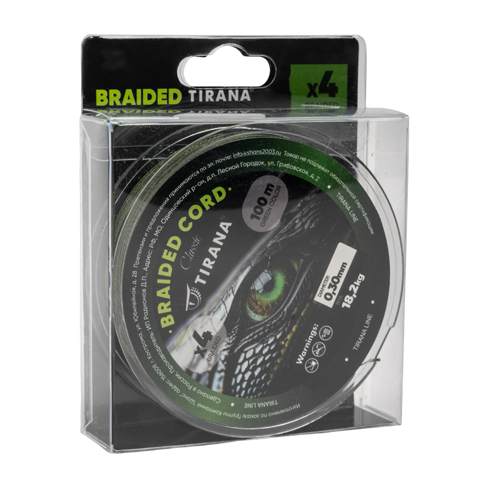 Шнур плетеный Tirana Folk Cord X4 PE 100м, d0,30 (green). Фото №1