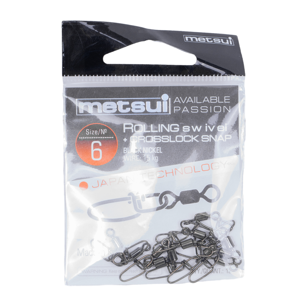 Вертлюги с застежкой metsui ROLLING SWIVEL WITH CROSSLOCK SNAP цвет black, размер № 6, в уп. 12 шт.. Фото №1 Вертлюги с застежкой metsui ROLLING SWIVEL WITH CROSSLOCK SNAP цвет black, размер № 6, в уп. 12 шт.. Фото №1