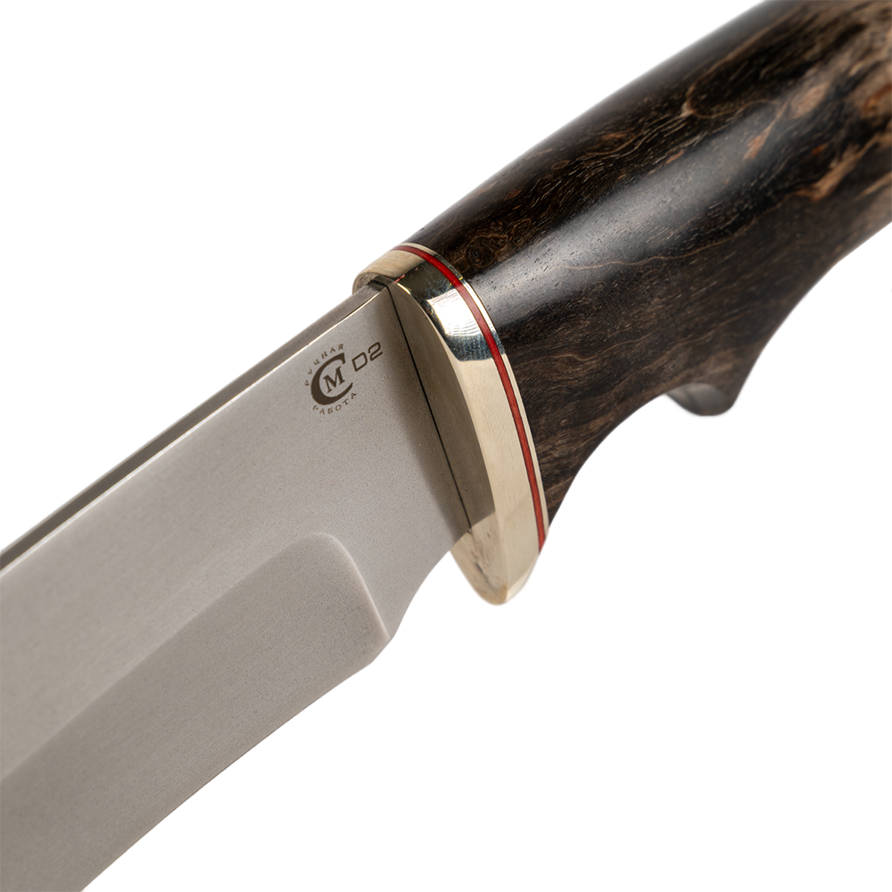 Нож МС Близнец, клинок D2, рукоять стабилизированная карельская береза, литье мельхиор. Фото №6