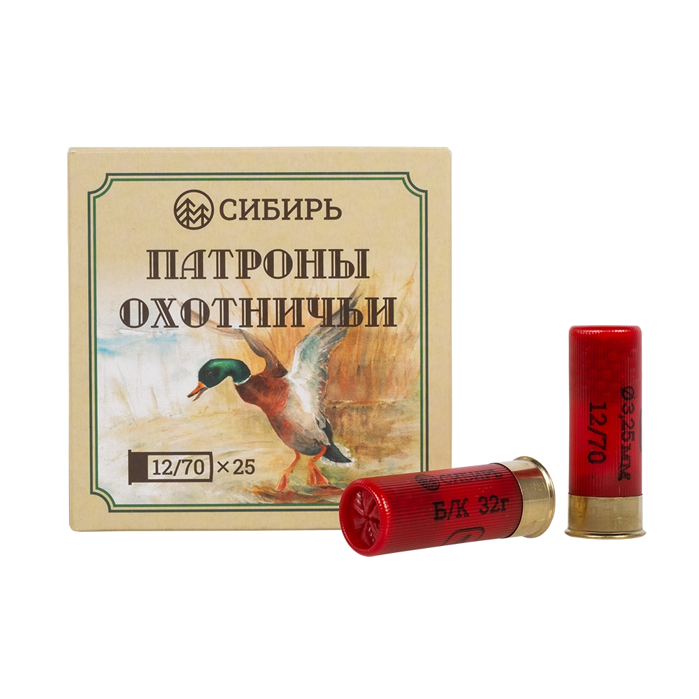 Патрон СИБИРЬ 12/70 охотничий дробовой 32г №4 б/к (в пачке 25 шт) (в коробке 250шт). Фото №1