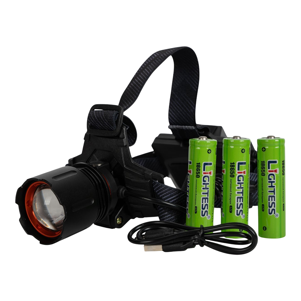 Фонарь налобный (аккумулятор 18650-3шт, белый+желтый диод TG, разъем Type-C, power bank). Фото №1