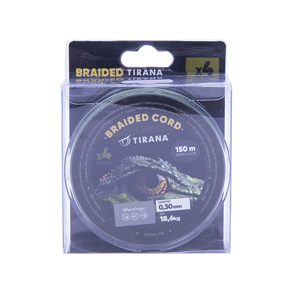 Шнур плетеный Tirana X4 PE 150м, d0,30 (green). Фото №1