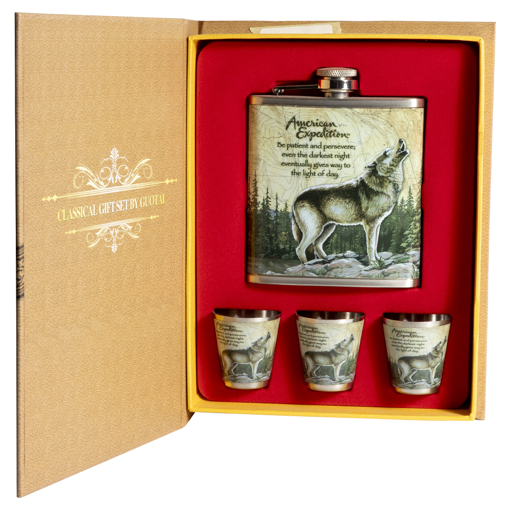 Набор Волк (фляжка 210 мл + 3 стопки) А01 Guotai. Фото №1 Набор Волк (фляжка 210 мл + 3 стопки) А01 Guotai. Фото №1