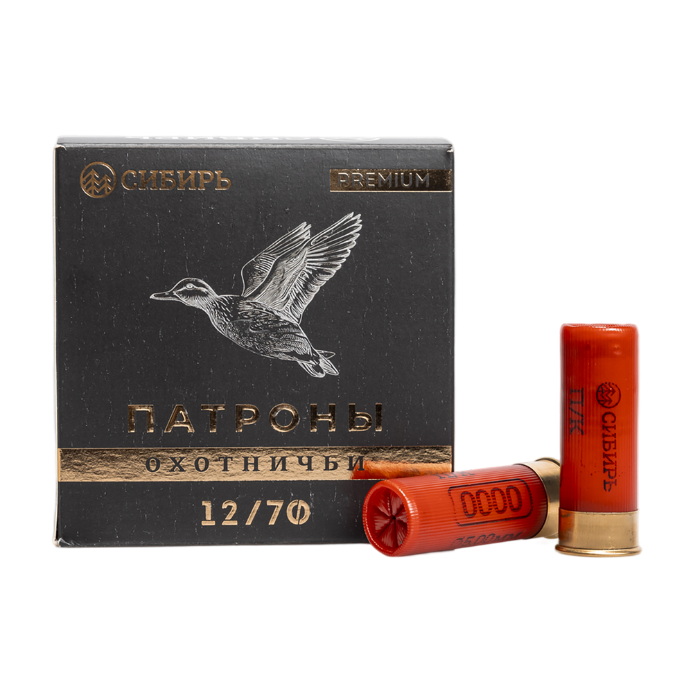 Патрон СИБИРЬ PREMIUM 12/70 охотничий дробовой 34г №0000 (пачка 25 шт) (в коробке 250шт). Фото №1