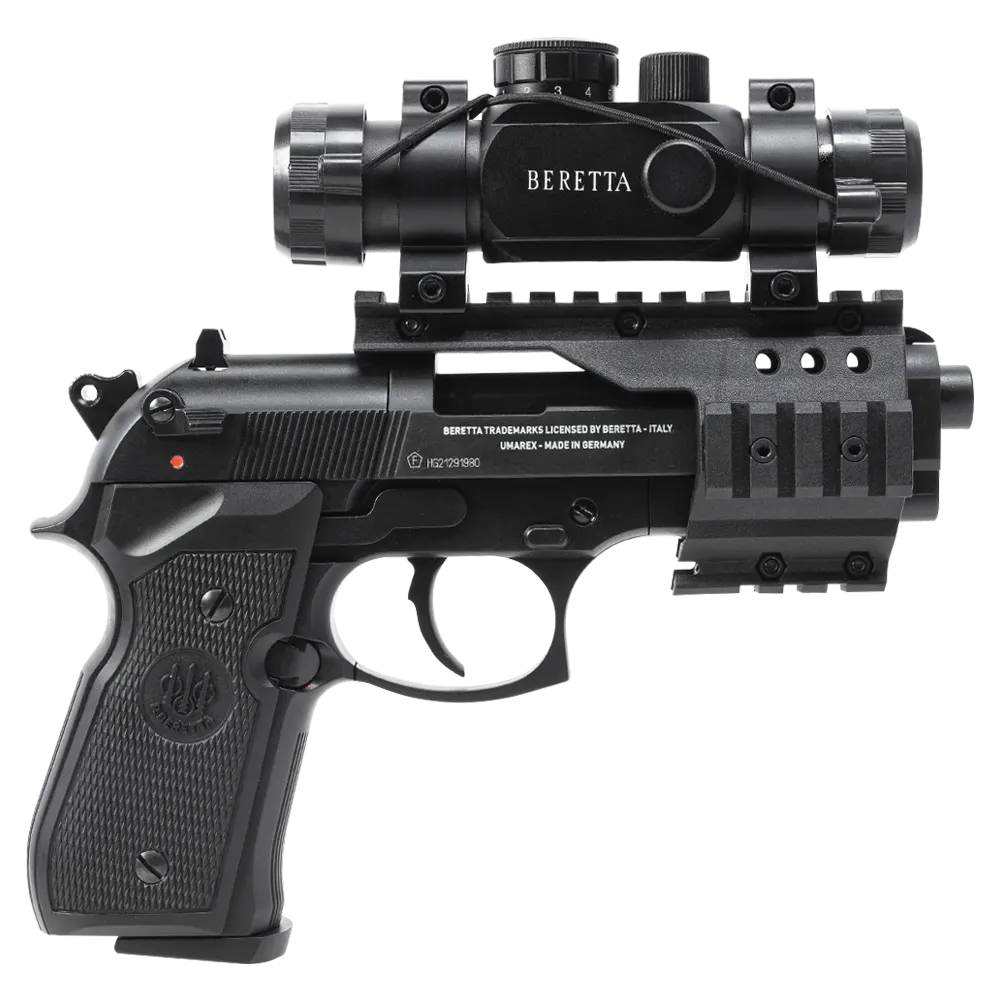 Пистолет пневматический Beretta M92 FS (глушитель, коллиматор, чёрный с чёрными пластиковыми накладками). Фото №1 Пистолет пневматический Beretta M92 FS (глушитель, коллиматор, чёрный с чёрными пластиковыми накладками). Фото №1