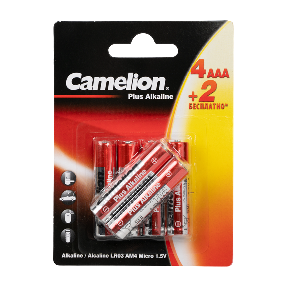 Батарейка Camelion Plus Alkaline 4+2 LR03 (4+2LR03-BP, мизинчиковая батарейка ААА 1.5В). Фото №1 Батарейка Camelion Plus Alkaline 4+2 LR03 (4+2LR03-BP, мизинчиковая батарейка ААА 1.5В). Фото №1