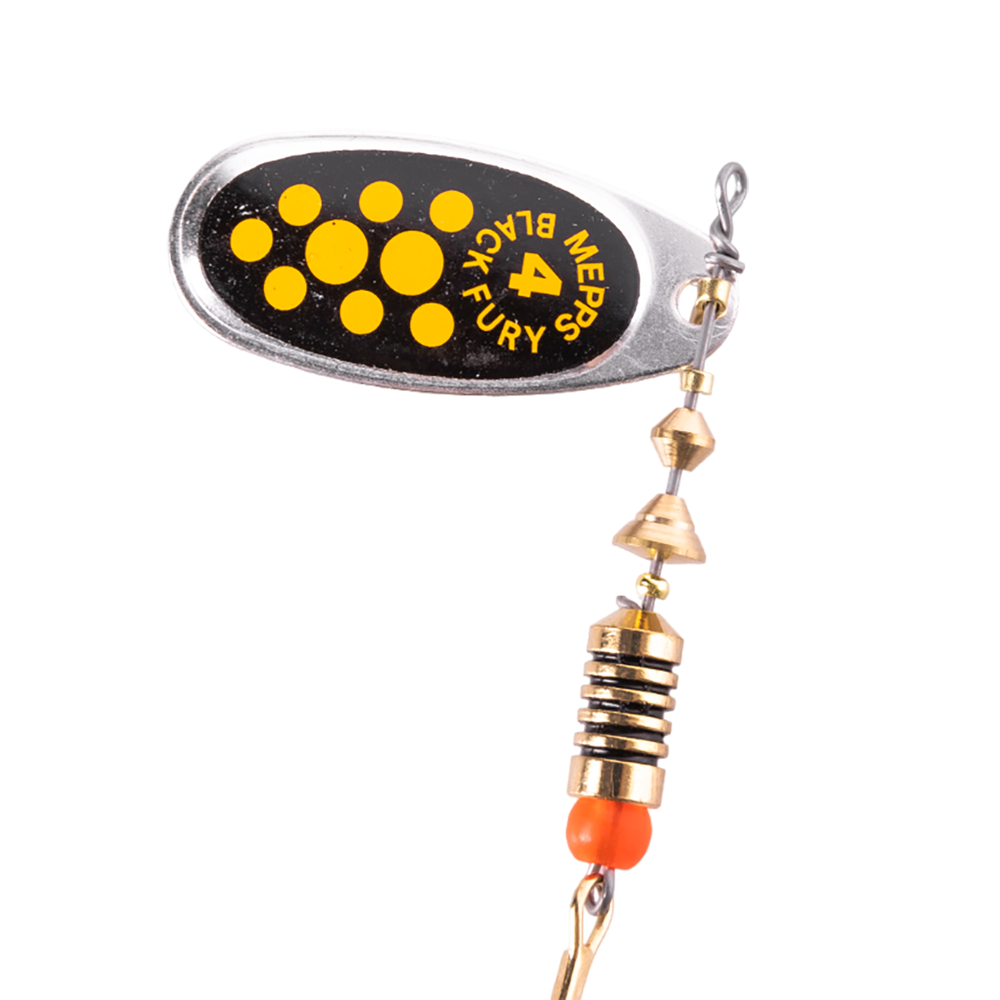 Блесна вращающаяся Mepps Black Fury №4, 8гр, цвет (Silver/Yellow) серебро/желтые точки. Фото №2