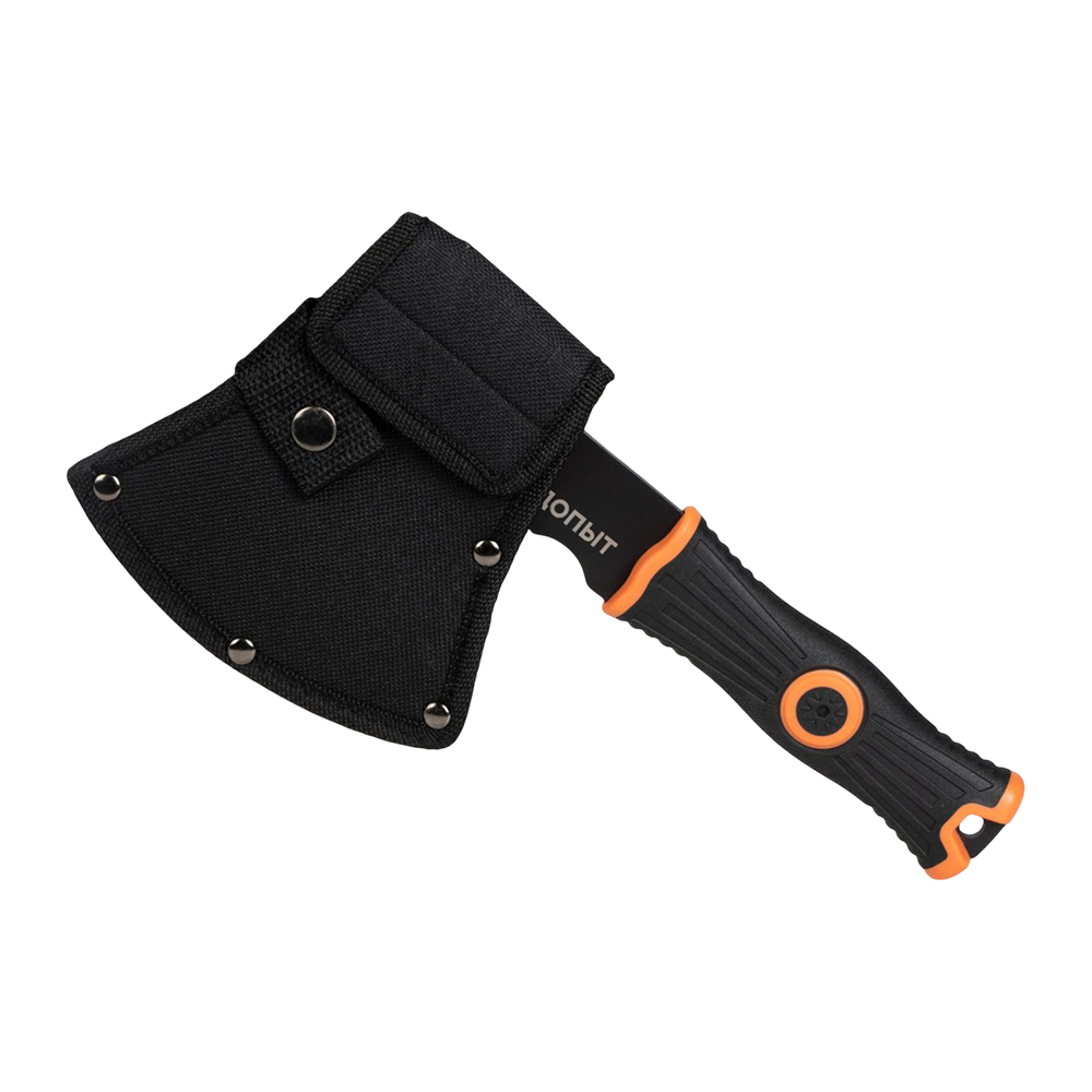 Топор туристический "СЛЕДОПЫТ" 240*130*85 мм, 350 гр., с шестигранниками, прорезиненная ручка, в чехле /60/40/. Фото №3