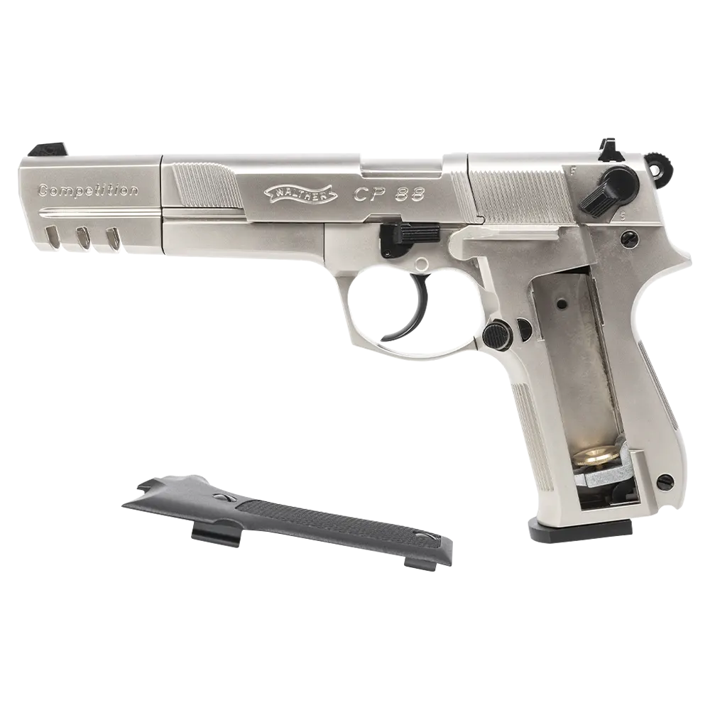 Пистолет пневматический Walther СР 88 Competition (удлиненный свол, никель с чёрными пластиковыми накладками). Фото №5 Пистолет пневматический Walther СР 88 Competition (удлиненный свол, никель с чёрными пластиковыми накладками). Фото №5