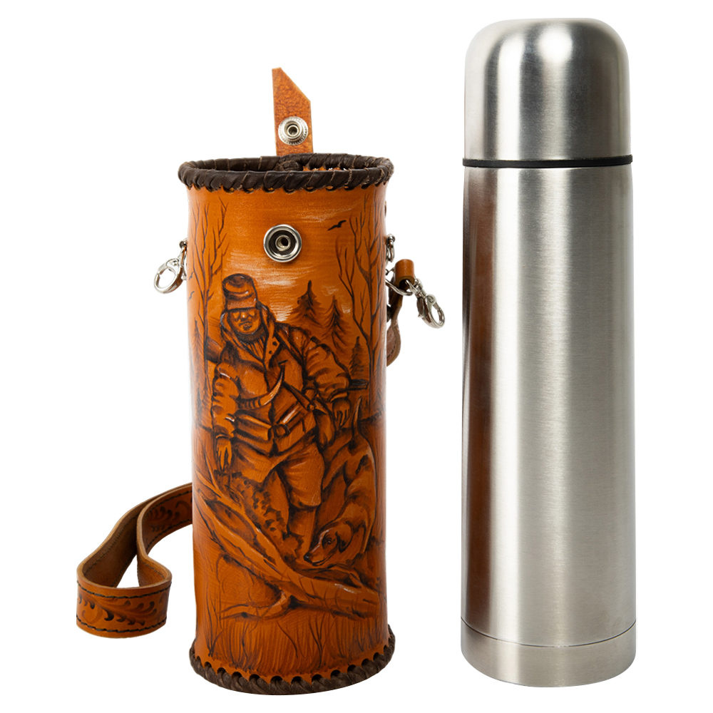 Термос 0,500л (в коже, рисунок на ремне) (ИП Кишурова). Фото №1