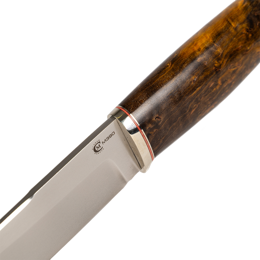 Нож МС "Соболь" сталь М390, мельхиор, рукоять из стабилизированной карельской березы (набор). Фото №6