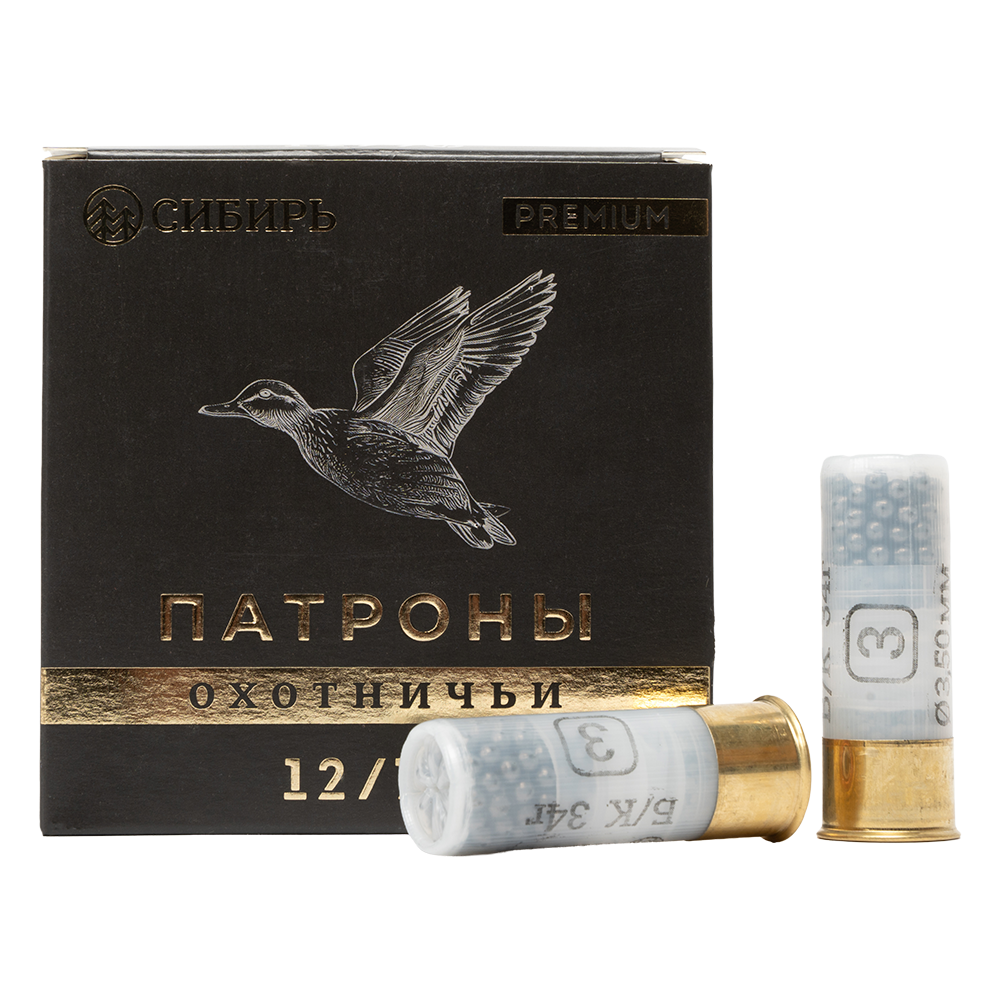 Патрон СИБИРЬ PREMIUM 12/70 охотничий дробовой 34г №3 б/к (CX-2000) (пачка 25 шт) (в коробке 250шт). Фото №1