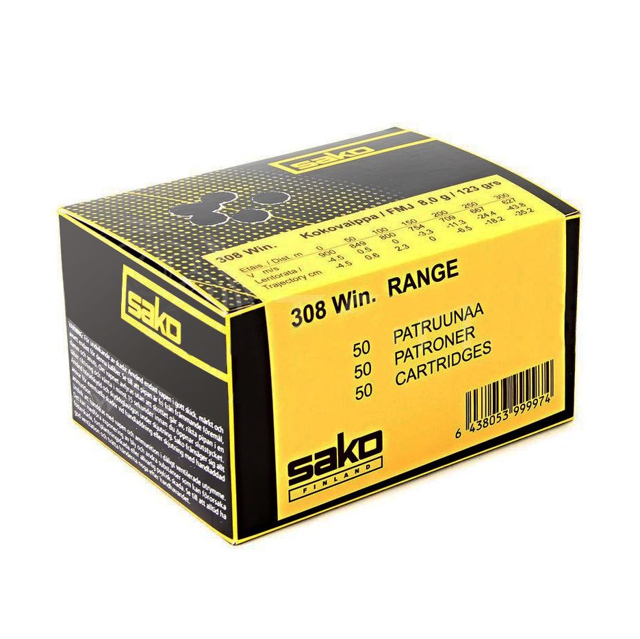 Патрон нарезной SAKO калибр 308 WIN FMJ Range 8,0 гр. 123 grn. (в пачке 50 шт.). Фото №1