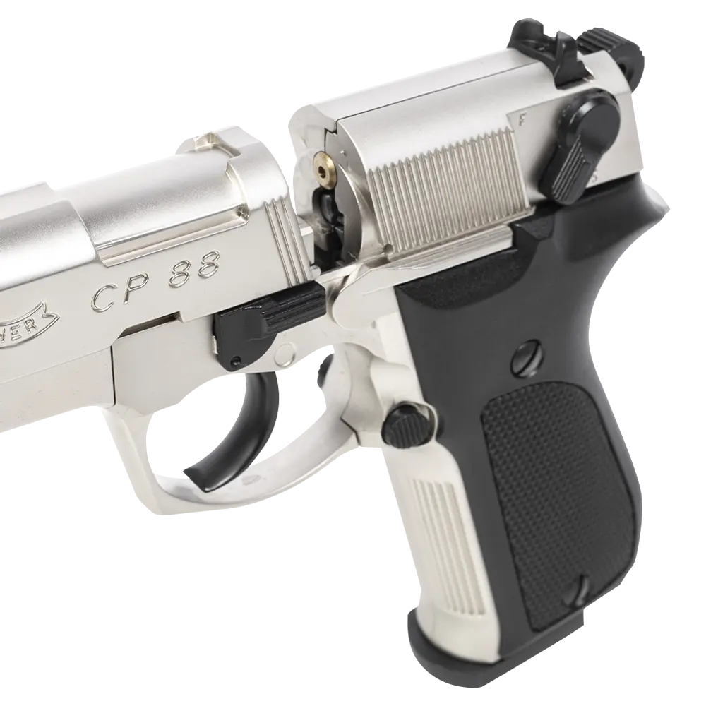 Пистолет пневматический Walther СР 88 Competition (удлиненный свол, никель с чёрными пластиковыми накладками). Фото №6 Пистолет пневматический Walther СР 88 Competition (удлиненный свол, никель с чёрными пластиковыми накладками). Фото №6