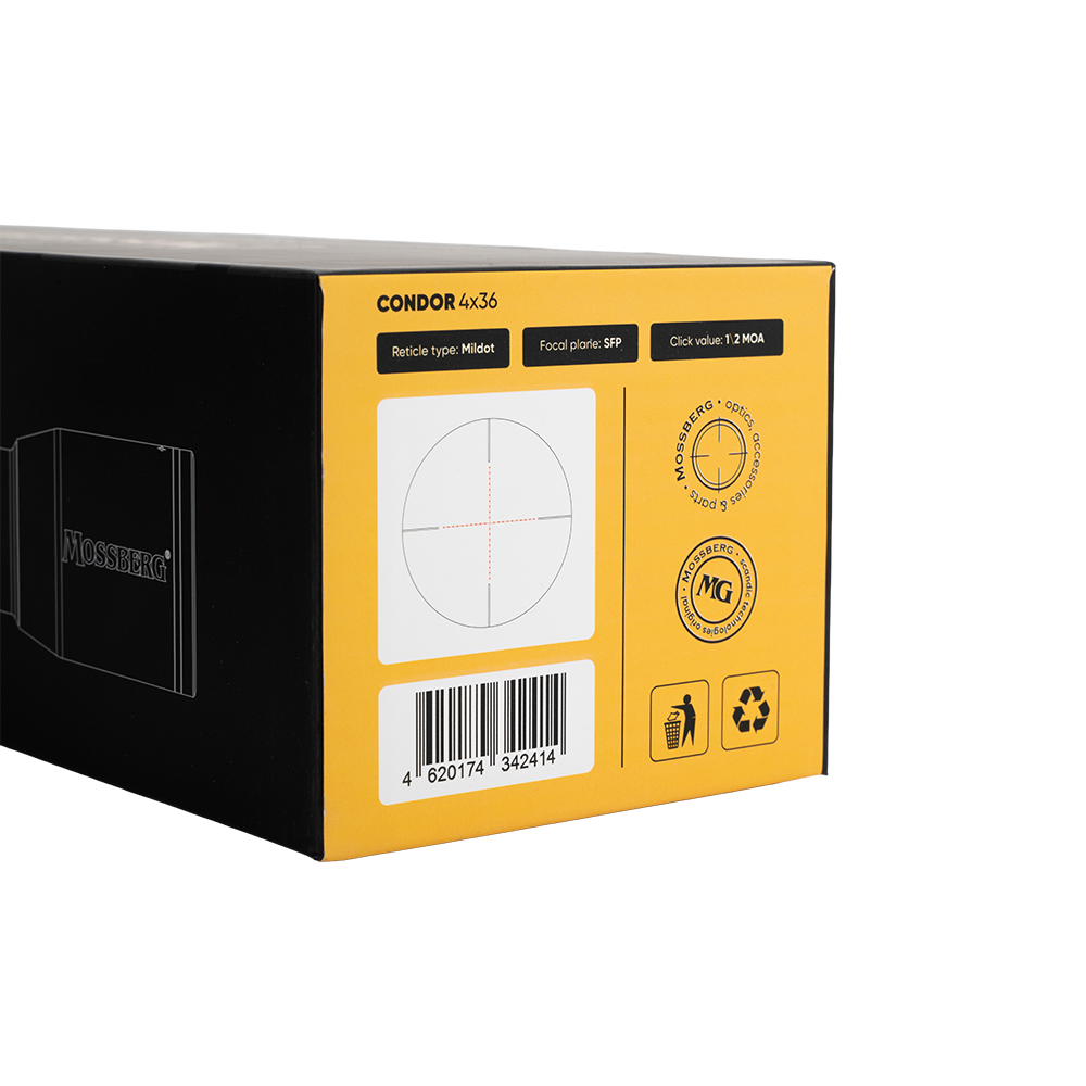 Оптический прицел MOSSBERG CONDOR 4х36 SFP Compact 30мм с подсветкой (Mildot) 1/2 MOA. Фото №13 Оптический прицел MOSSBERG CONDOR 4х36 SFP Compact 30мм с подсветкой (Mildot) 1/2 MOA. Фото №13