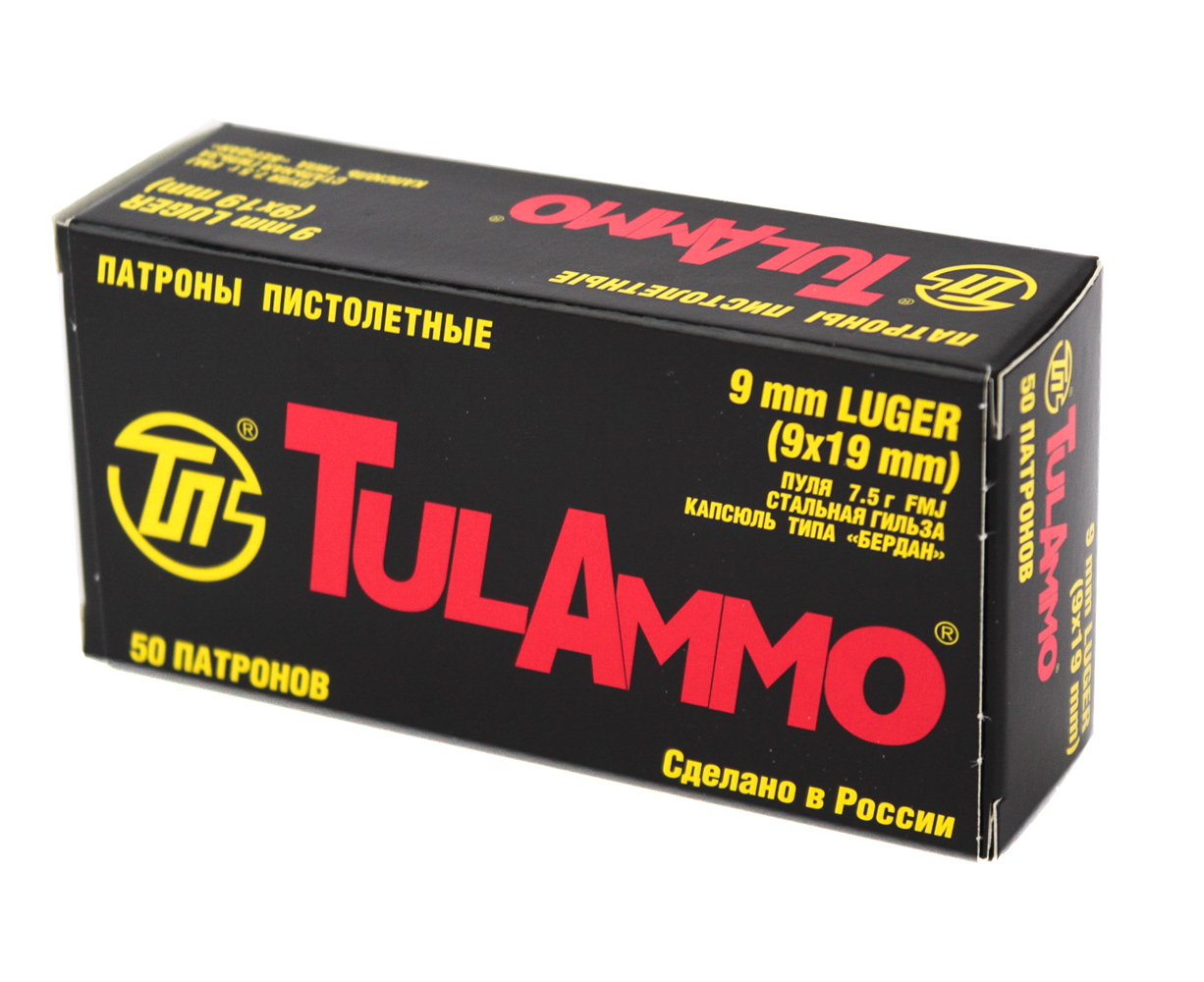 Патрон нарезной пистолетный ТПЗ 9х19 FMJ 115 gr. об. биметал (50шт) в коробке 1000 шт.