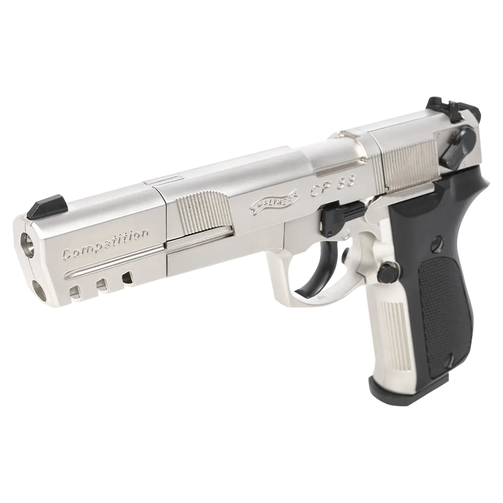 Пистолет пневматический Walther СР 88 Competition (удлиненный свол, никель с чёрными пластиковыми накладками). Фото №3 Пистолет пневматический Walther СР 88 Competition (удлиненный свол, никель с чёрными пластиковыми накладками). Фото №3