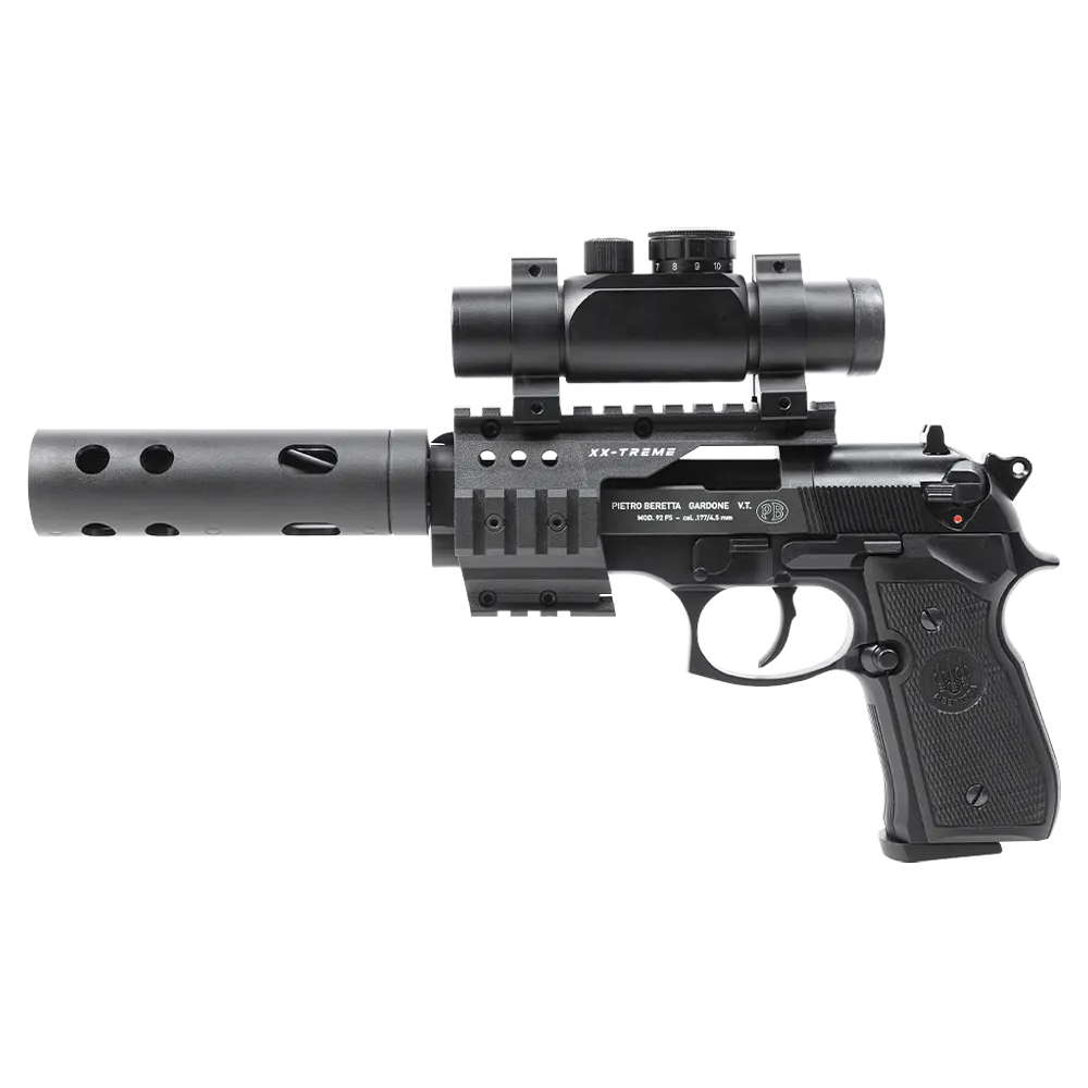 Пистолет пневматический Beretta M92 FS (глушитель, коллиматор, чёрный с чёрными пластиковыми накладками). Фото №7 Пистолет пневматический Beretta M92 FS (глушитель, коллиматор, чёрный с чёрными пластиковыми накладками). Фото №7