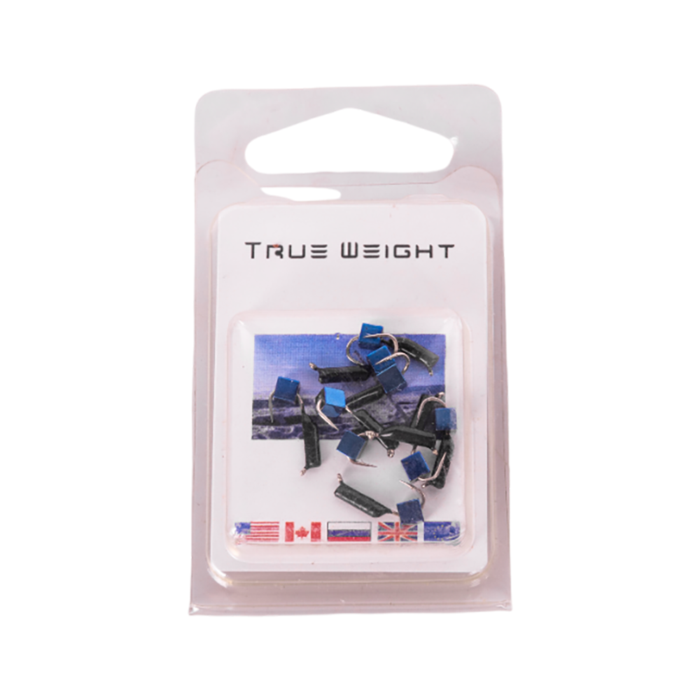 Мормышка вольфрамовая Trye Weight черная "Гвоздекубик" d1,5мм кубик, синий (10шт). Фото №1