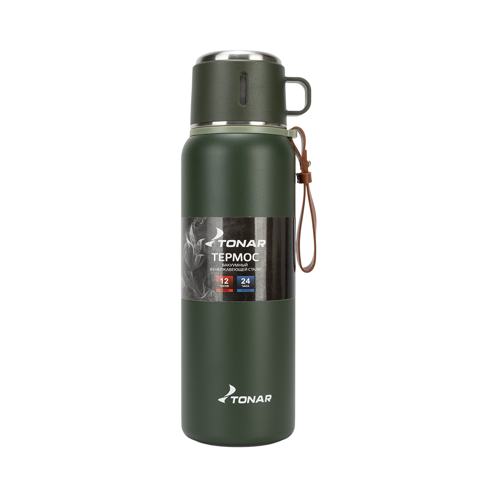 Термос 900ML хаки (пробка-ситечко, крышка-кружка, ремешок) TONAR. Фото №1