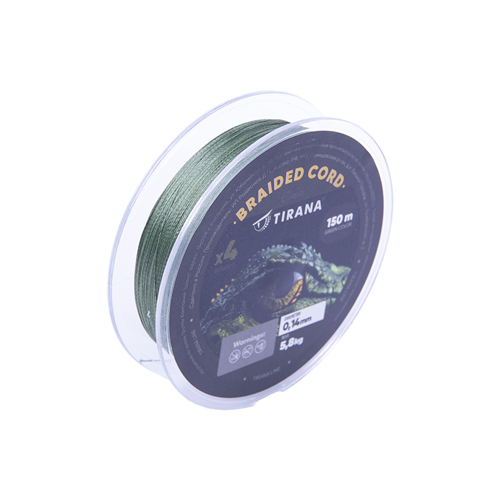 Шнур плетеный Tirana X4 PE 150м, d0,14 (green). Фото №3