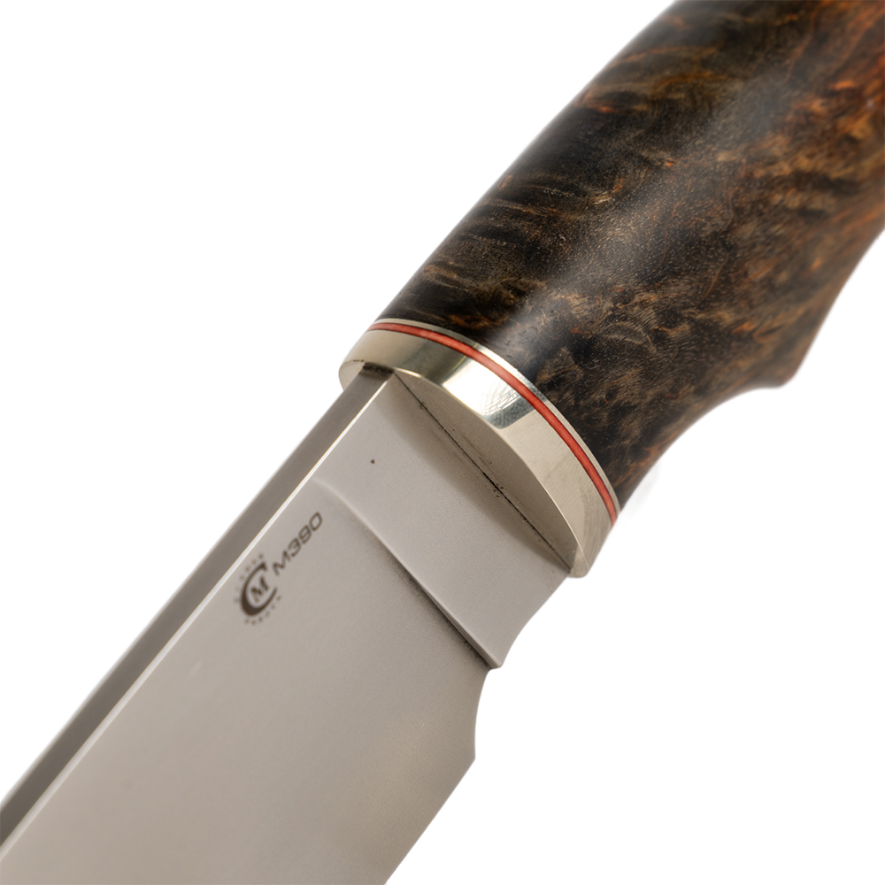 Нож МС "Разделочный" сталь М390, мельхиор, рукоять из стабилизированной карельской березы (набор). Фото №6