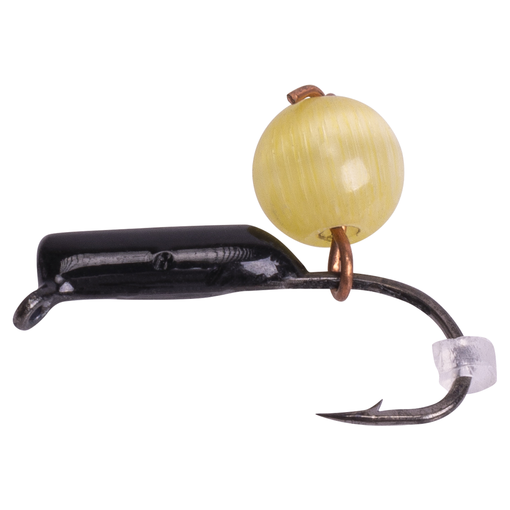 Мормышка вольфрамовая Trye Weight черная "Кошачий глаз" d1,5мм подвес, желтый (10шт). Фото №1