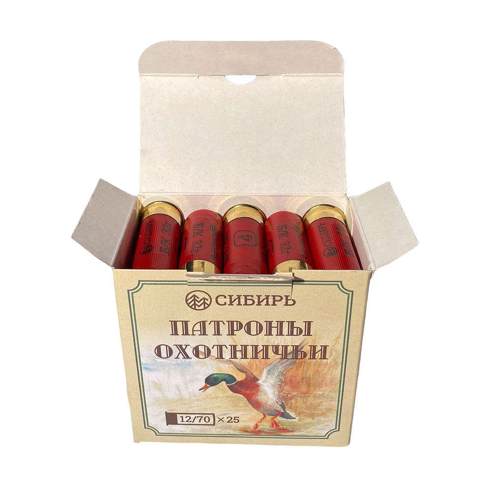 Патрон СИБИРЬ 12/70 охотничий дробовой 32г (бесконтейнерный) №4 (в пачке 25 шт) (в коробке 250шт). Фото №1 Патрон СИБИРЬ 12/70 охотничий дробовой 32г (бесконтейнерный) №4 (в пачке 25 шт) (в коробке 250шт). Фото №1