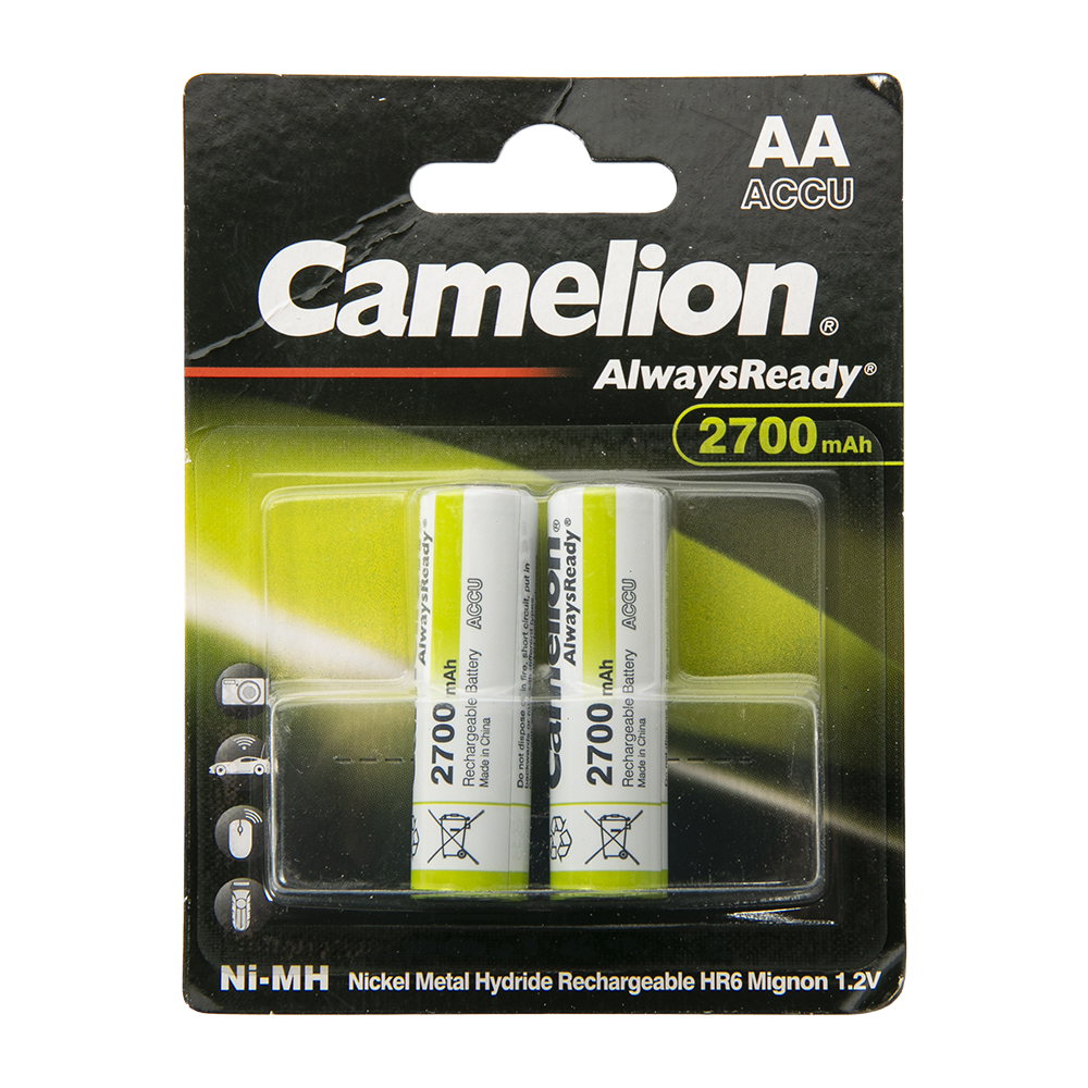 Батарейка аккумуляторная Camelion Always Ready AA-2700mAh Ni-Mh BL-2 (NH-AA2700BP2, 1.2В). Фото №1