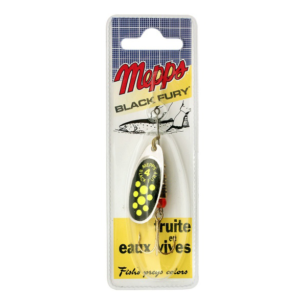 Блесна вращающаяся Mepps Black Fury №4, 8гр, цвет (Silver/Chartreuse) серебро/зеленовато-желтые точки. Фото №1 Блесна вращающаяся Mepps Black Fury №4, 8гр, цвет (Silver/Chartreuse) серебро/зеленовато-желтые точки. Фото №1