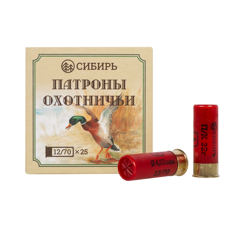 Патрон СИБИРЬ 12/70 охотничий дробовой 32г №1 (в пачке 25 шт) (в коробке 250шт). Фото №1