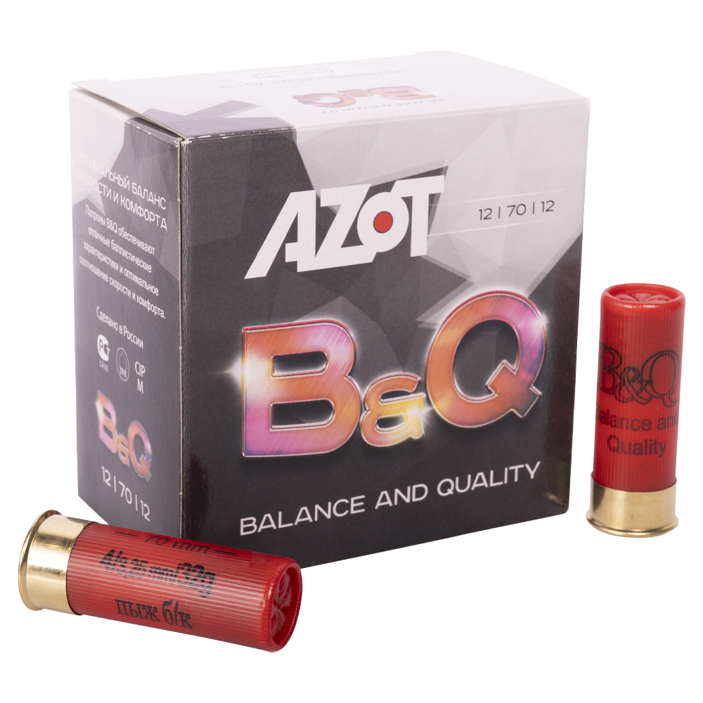 Патрон АЗОТ 12/70  охотничий дробовой B&Q  32г б/к №4 (пачка 25 шт) (в коробке 250шт). Фото №1