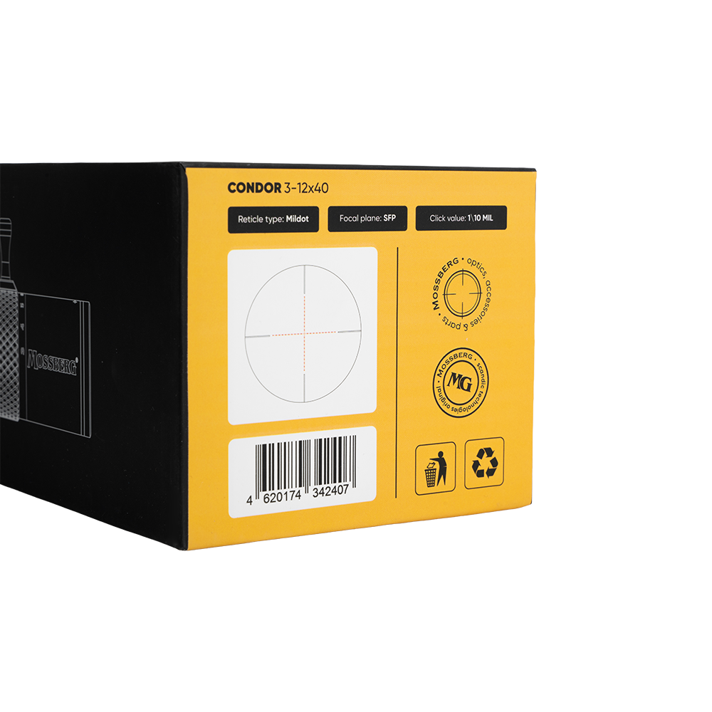 Оптический прицел MOSSBERG CONDOR 3-12х40 SFP Compact 30мм с подсветкой (Mildot) 0.1 MRAD. Фото №14 Оптический прицел MOSSBERG CONDOR 3-12х40 SFP Compact 30мм с подсветкой (Mildot) 0.1 MRAD. Фото №14