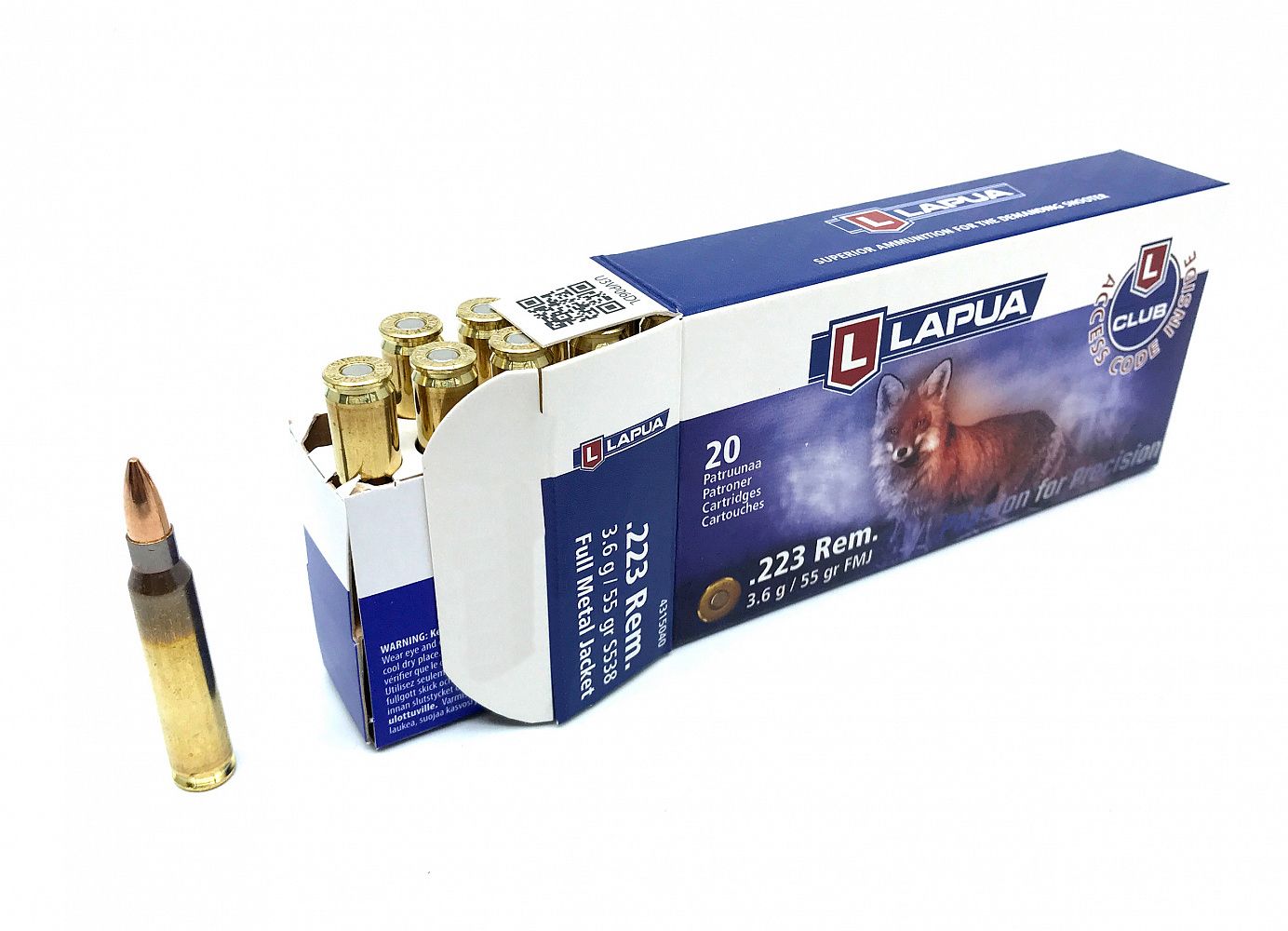 Патрон нарезной LAPUA калибр 223 REM FMJ 3,6 гр. 55 grn. (в пачке 50 шт.)