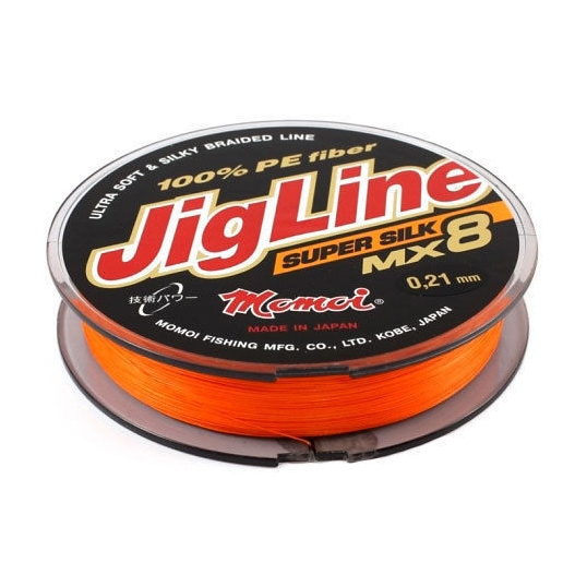Плетеный шнур Momoi 8-и прядный JigLine Super Silk MX-8 0,21мм/150м, 18,0кг, оранжевый. Фото №1