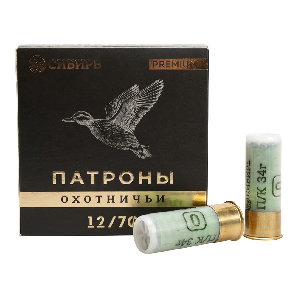 Патрон СИБИРЬ PREMIUM 12/70 охотничий дробовой 34г №0 (CX-2000) (пачка 25 шт) (в коробке 250шт). Фото №1