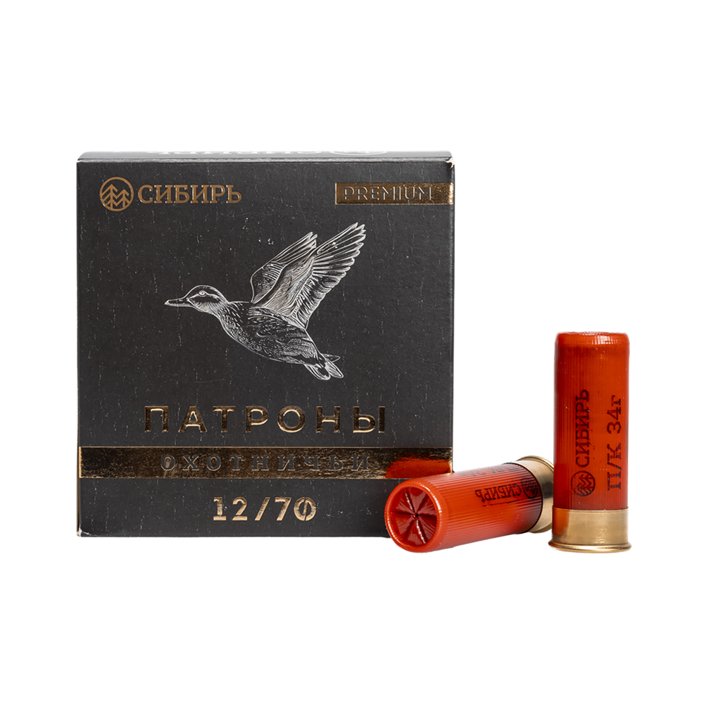 Патрон СИБИРЬ PREMIUM 12/70 охотничий дробовой 34г №4 (пачка 25 шт) (в коробке 250шт). Фото №1
