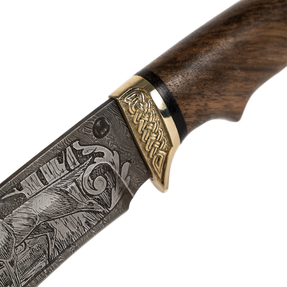 Нож МС Близнец, клинок дамаск, грав., рукоять орех, кап, литье. Фото №7