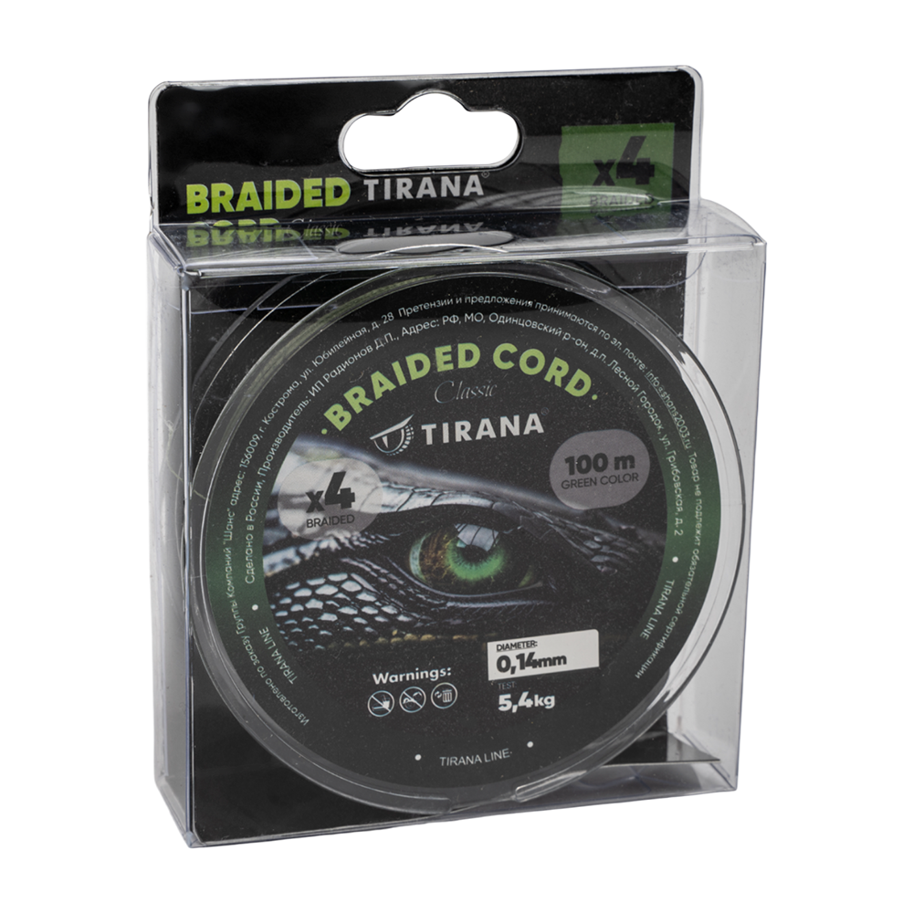 Шнур плетеный Tirana Folk Cord X4 PE 100м, d0,14 (green). Фото №1